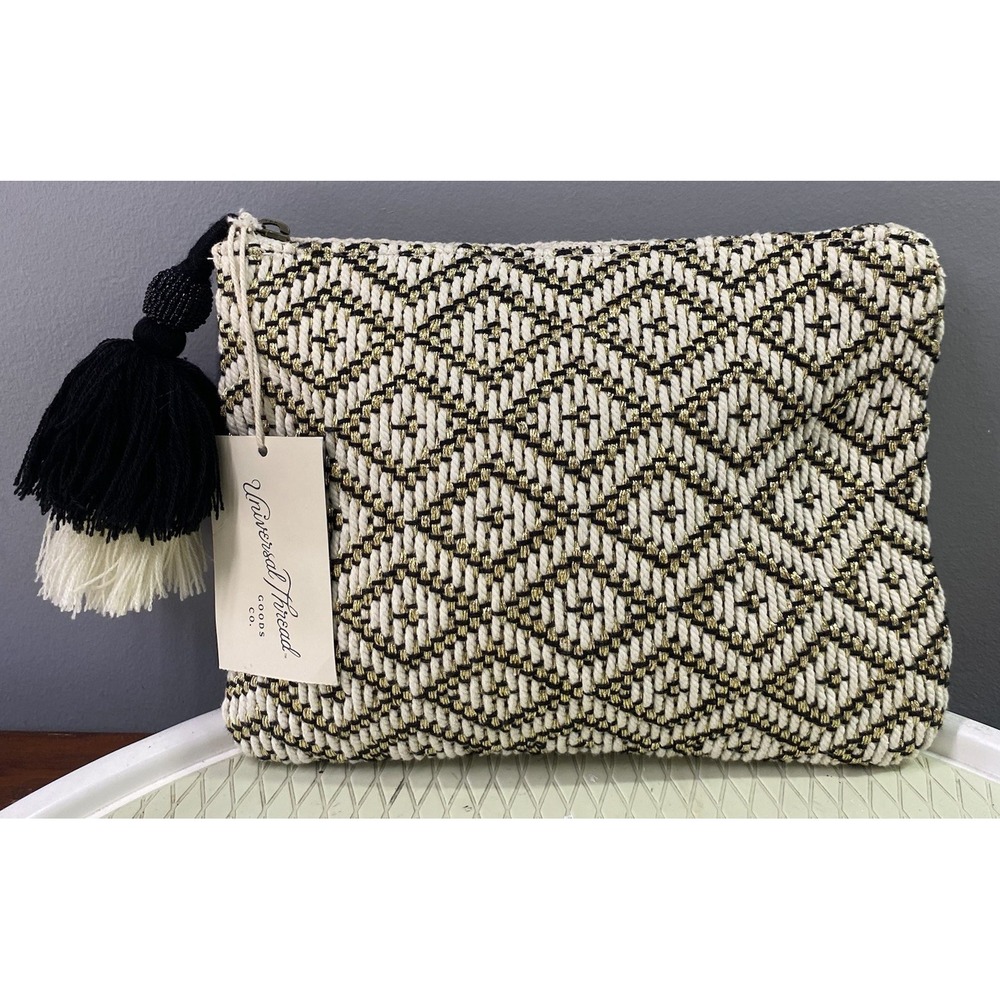 Universal Thread Woven Clutch Tassel Ivory/Black/Gold Boho Pouch Purse 7.5x10x1"